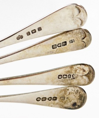 Four Victorian silver Old English pattern dessert spoons, one monogrammed, dates for Sheffield 1896, London 1900 and 1859 and Birmingham 1886, 6¼oz. - 2