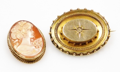 A 9ct gold and shell cameo brooch, bust portrait of a lady, with safety chain as fitted, together with a Victorian hair locket mourning brooch, of oval form, yellow metal, diamond lacking, with safety chain, 22.3g all in.