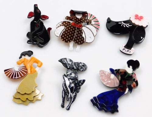 A group of Leah Stein Paris costume brooches, comprising Flamenco dancers, Scarlet O'Hara, dancing Geisha girl, Fi-Fi, fox and a running animal. (6)