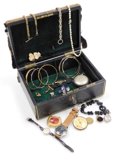 Silver and costume jewellery, including a pair of Masonic blue enamel oval link cufflinks, an Exactima gentleman's digital wristwatch, pair of yellow metal bangles, stamped 22ct, gold plated pocket watch converted to a mourning locket, strand of cultured