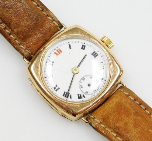 A mid century 9ct gold cased gentleman's wristwatch, circular white dial bearing Roman numerals, subsidiary seconds dial, in a square case, with leather strap.