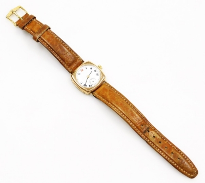 A mid century 9ct gold cased gentleman's wristwatch, circular white dial bearing Roman numerals, subsidiary seconds dial, in a square case, with leather strap. - 2