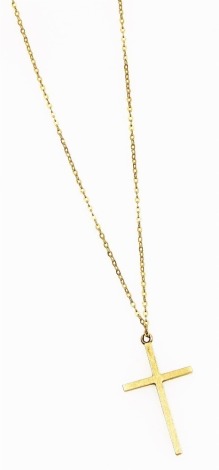 A 9ct gold cross pendant, on a yellow metal belcher link neck chain, 1.6g all in.