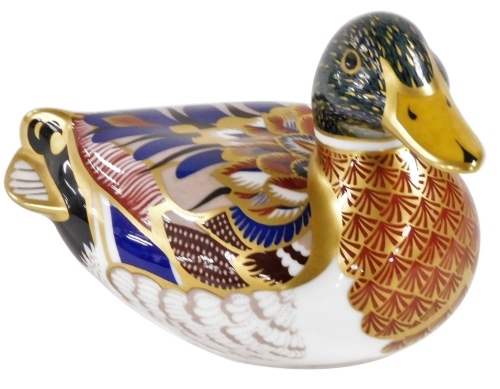 A Royal Crown Derby Imari porcelain paperweight, modelled as a Mallard, printed marks, gold stopper.