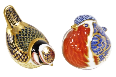 A Royal Crown Derby Imari porcelain paperweight, modelled as a Blue Tit, and another modelled as a Robin, gold stoppers, printed marks. (2)