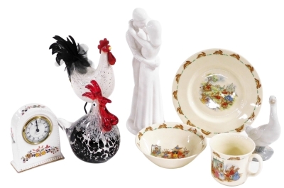 A Spode porcelain figure of Embrace, by Pauline Shone, an Aynsley Somerset pattern porcelain mantle clock, Royal Doulton Bunnykins mug, breakfast bowl and plate, Nao porcelain figure of a duck, a rocking rooster (2) and a Chinese glass figure of a Cockere