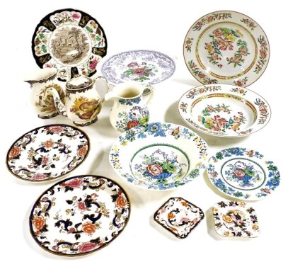 A pair of Mason's Ironstone plates, decorated in the blue Mandalay pattern, Windsor Castle Christmas plate, Strathmore pattern bowl, milk jug and tea plate, further ceramics. (a quantity)