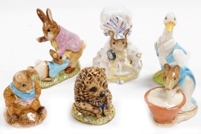 Six Beatrix Potter figures, comprising Anna Maria, Mr Drake Puddle-Duck, Mr Benjamin Bunny and Peter Rabbit, Lady Mouse from Tailor Of Gloucester, Old Mr Bouncer and Old Mr Pricklepin.