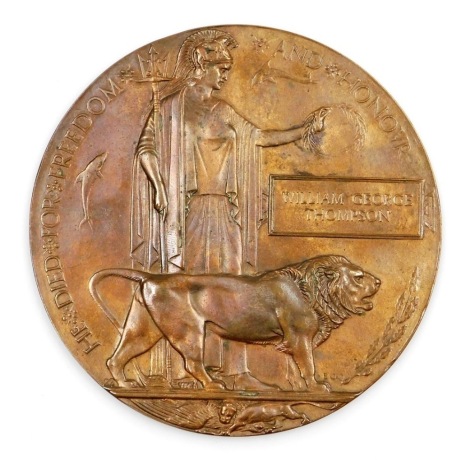 A World War I widows death penny, to William George Thompson.