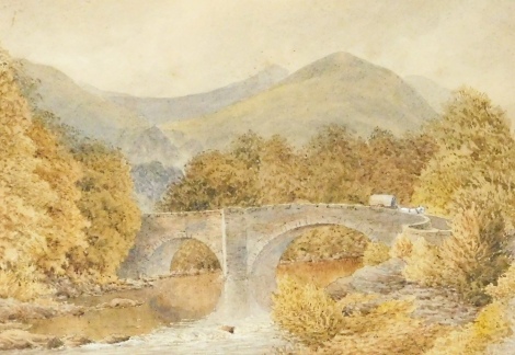 19thC School. A view of Stirling Old Bridge, depicting horse and cart and mountains to background, watercolour, indistinctly signed, 18cm x 24cm.