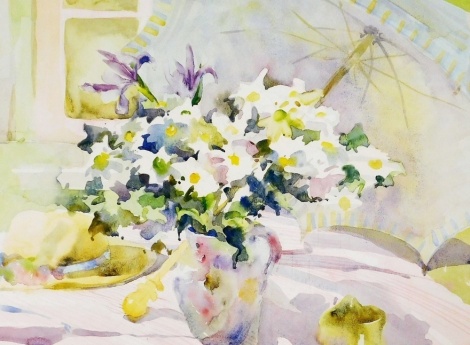 Sarah Bibra (20thC British School). Floral still life with parasol and sun hat, watercolour, signed, 44cm x 60cm.