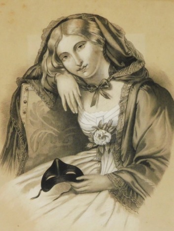 19thC School. Figure of a lady seated wearing hooded cape and holding mask, pencil sketch, unsigned, 40cm x 30cm.