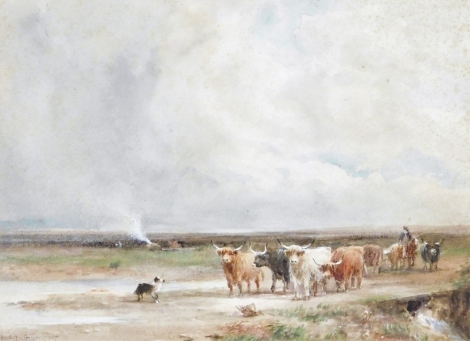 J McArthur (early 20thC School). Rural scene with cattle, figure and dog, watercolour, signed and indistinctly dated, 28cm x 34cm.