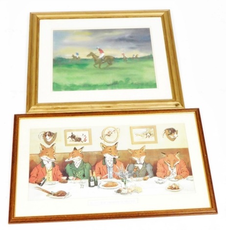 David Albert (20thC School). Polo scene, watercolour, signed, 28cm x 39cm, and after Harry B Neilson, Mr Foxes Hunt Breakfast On Xmas Day, print, 27cm x 54cm.