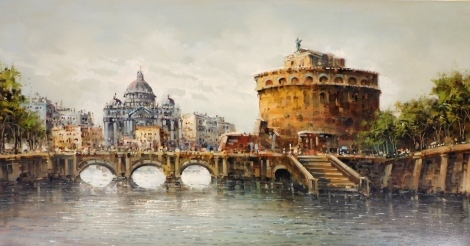 Antonio DeVity (Italian School 1901-1993). View of Rome, Castel St Angelo and St Peter's Basilica from the river Tiber, oil on canvas, studio stamp to reverse, unsigned, 61cm x 121cm.