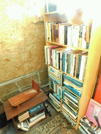 A quantity of hardback and paperback books, mainly relating to cooking, gardening, and fashion, etc., lot to include a beech effect bookcase, a small mahogany bookcase, and a book rack. This lot is situated in 14 East St, Horncastle, LN9 6AZ for Viewing