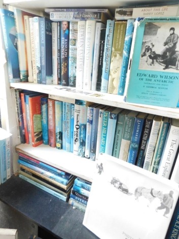 A quantity of books relating to polar exploration, to include Hillary and Fuch The Crossing of Antarctica, Ommanney (FD) South Latitude, Banks (Mike) High Arctic, etc., lot to include a white melamine bookcase. This lot is situated in 14 East St, Hornca