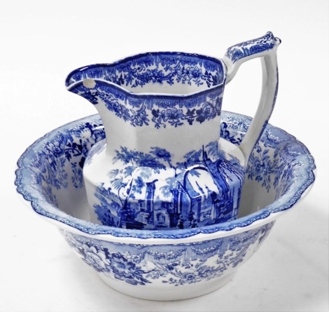 A Mason's Ironstone blue and white wash jug and bowl, decorated with Italianate, within floral borders, printed marks, the bowl 32cm diameter.