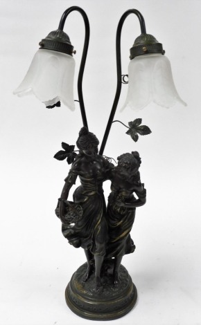 A bronze patinated plaster figural table lamp, modelled as two standing female figures, two branch screw in arms with frosted leaf shaped shades, 66cm high.