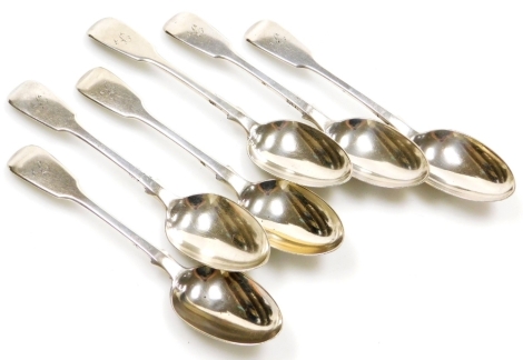 A set of six Victorian silver Fiddle pattern dessert spoons, each with engraved C initial to handle, George William Adams, London 1845, 10oz.