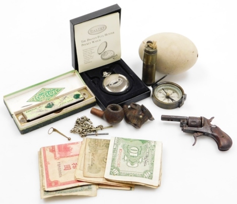 A 19thC Derringer starting pistol, 12cm wide, other bygones, collectables, etc., to include an M Hohner Echo-Lux harmonica, breast cased compass, and a Dalvey pocket watch, various foreign bank notes, etc. (1 tray)