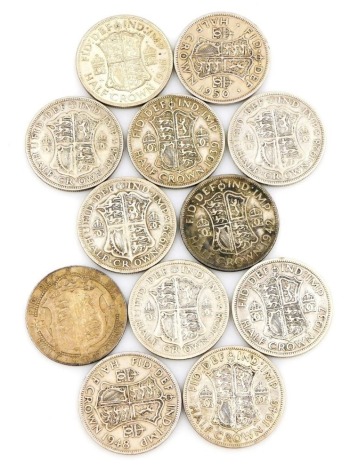 Edward VII and later half crowns, including 1907, 1928, 1937, and 1939. (a quantity)