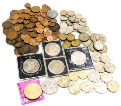 A group of coins, to include Winston Churchill commemorative crown, other crowns, sixpences, ha'pennies, etc. (1 tray)