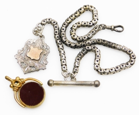 A Victorian gold plated swivel fob, Cornelian and bloodstone set, together with a Victorian silver plated fancy link Albert watch chain, on a lobster claw clasp with a silver two colour shield medallion.