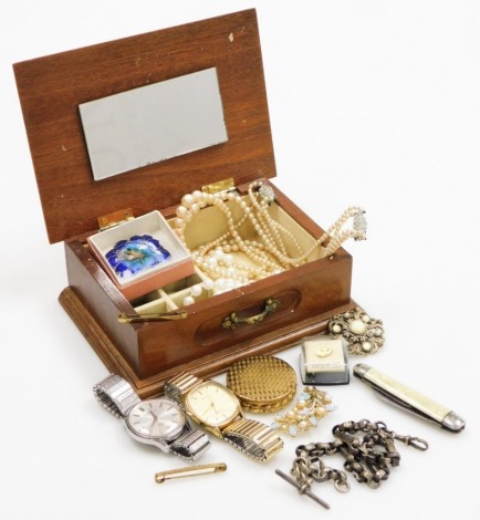 Silver and costume jewellery, including a Victorian fancy link silver Albert chain with T bar as fitted, a Seiko seahorse gentleman's stainless steel cased wristwatch, enamel floral brooch, etc. (a quantity)