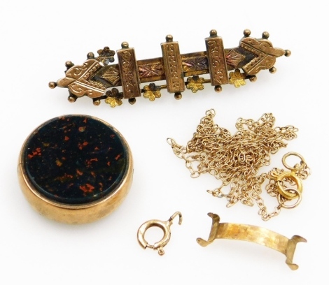 A Victorian 9ct gold bar brooch, 9ct gold cornelian and bloodstone swivel fob, gold plated belcher link neck chain and a plated ring resizing attachment.