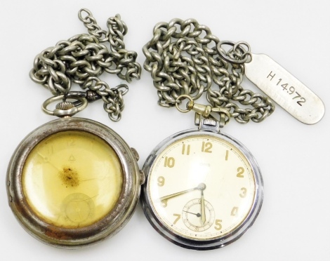 A Continental Art Deco bicolour gentleman's pocket watch, open faced, keyless wind, circular bicolour dial bearing Arabic numerals, subsidiary seconds dial, the case with engine turned decoration, outer case engraved Carl Knoner, Alppina-Uhren, Vlotho, wi