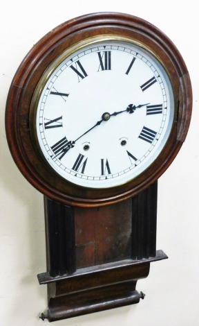 A Victorian walnut cased drop dial wall clock, circular dial bearing Roman numerals, eight day movement with bell strike, the case of glass fronted form, pendulum and key, 75cm high. (AF)