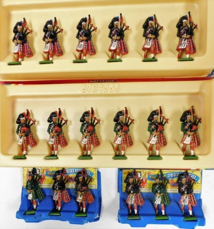 Britain's Scots Guard Pipers, British Regiment, 7241, together with Black Watch Pipers 7240, both boxed, and two sets of three mixed pipers. (4)