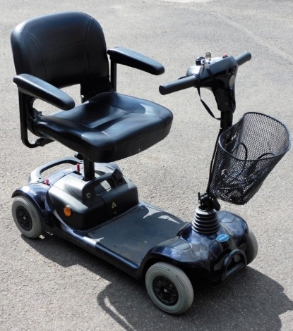 An Invacare Lynx blue framed mobility scooter, with battery and key.