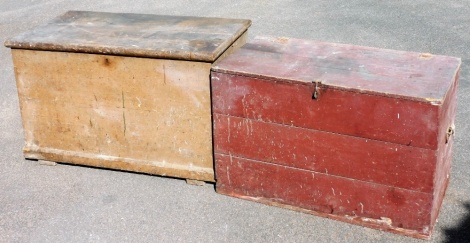 A Victorian pine carpenters tool chest, 62cm high, 98cm wide, 55cm deep, and a stained pine tool chest, 57cm high, 89cm wide, 49cm deep. (2)