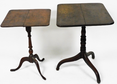 A late George III oak tilt top occasional table, with a rectangular top, raised on ring turned column over three cabriole legs, 71cm high, 68cm wide, 55cm deep, together with a Georgian oak occasional table, made up, the square top raised on a bluster tur