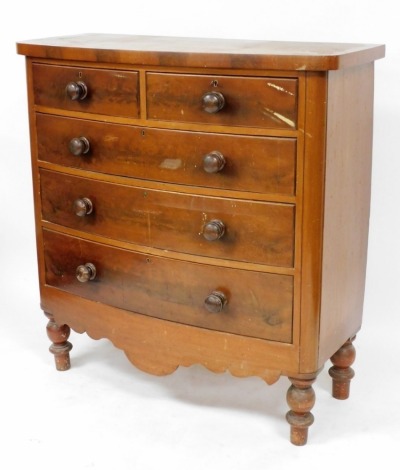 A Victorian mahogany bow front chest, of two short over three long graduated drawers, above a shaped apron, 124.5cm high, 120.5cm wide, 51.5cm deep.