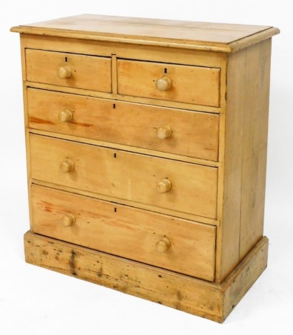 A Victorian pine chest, of two short over three long graduated drawers, raised on a plinth base, 103cm high, 94cm wide, 48.5cm deep.