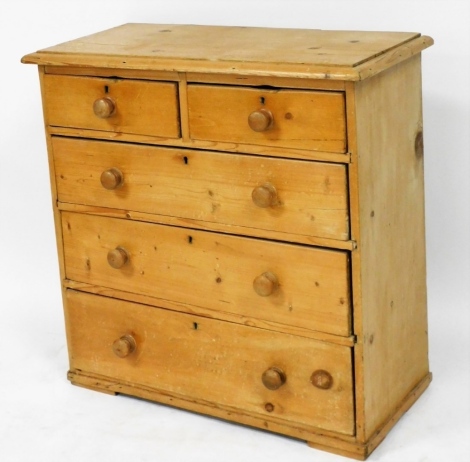 A Victorian pine chest, of two short over three long graduated drawers, raised on a plinth base, 89cm high, 92cm wide, 42cm deep.