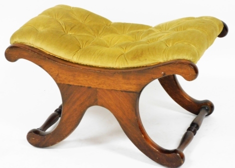 A Victorian mahogany X frame stool, with yellow button upholstered Draylon, 68cm wide.