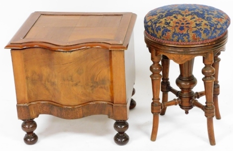 A Victorian mahogany serpentine commode, the hinged lid, bowl lacking, raised on turned legs, 43cm high, 46cm wide, 41cm deep, together with a Victorian walnut revolving piano stool, with floral upholstered seat. (2)