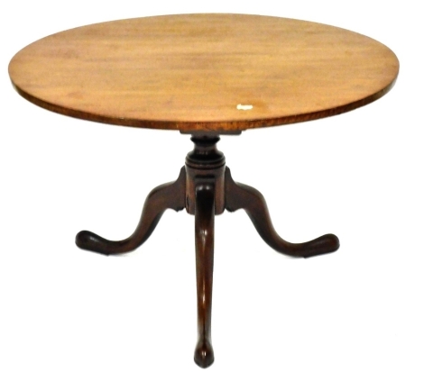 A George III mahogany occasional table, cut down, the circular top raised on a vase shaped column above three cabriole legs, 55.5cm high, 84cm diameter.