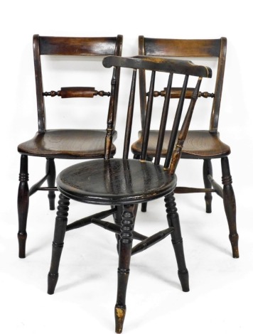 A pair of early 19thC beech and elm bar back kitchen chairs, together with a bentwood kitchen chair. (3)