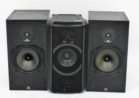 A pair of Monitor Audio Limited speakers, R300/MD, 2242, together with a Panasonic bluetooth speaker SC-TMAX5. (3)