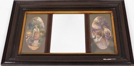 A Victorian faux rosewood wall mirror, of rectangular section, the slip enclosing a central rectangular mirror of bevelled glass, flanked by a pair of oval prints showing country pastoral scenes, 57cm x 87cm.