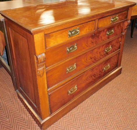 A Victorian mahogany chest, of two short over three long graduated drawers, raised on a plinth base, 94cm high, 121cm wide, 56cm deep.