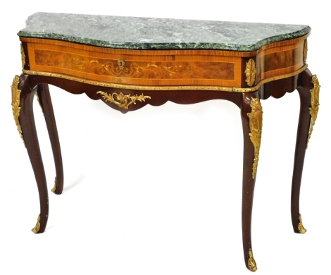 A Louis XV style mahogany and kingwood serpentine console table, with a green marble top, single frieze drawer with floral marquetry inlay, raised on cabriole legs, all with brass mounts, 86cm high, 116cm wide, 42cm deep.