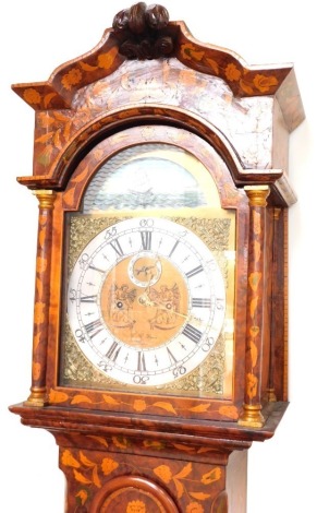 A C R Dyson of Bourne 17thC style walnut and marquetry inlaid longcase clock, the brass break arch dial with urn spandrels, moon face showing a three masted sailing vessel on choppy seas, silvered chapter ring bearing Roman and Arabic numerals, subsidiary