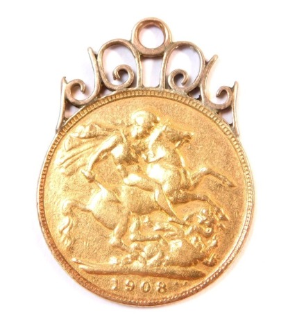 An Edward VII full gold sovereign pendant, dated 1908, with 9ct gold loop mounted top.