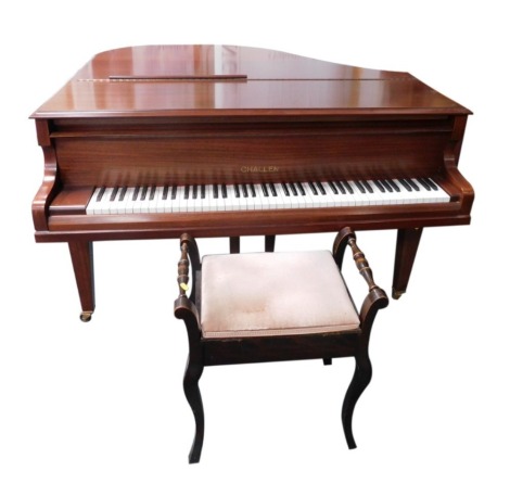 A Challen mahogany baby grand piano, on square tapering legs, number 57735, 141cm wide, and an Edwardian mahogany piano stool, with turned handles, and pink upholstered seat, on splayed legs, 62cm high, 58cm wide, 34cm deep. (2)